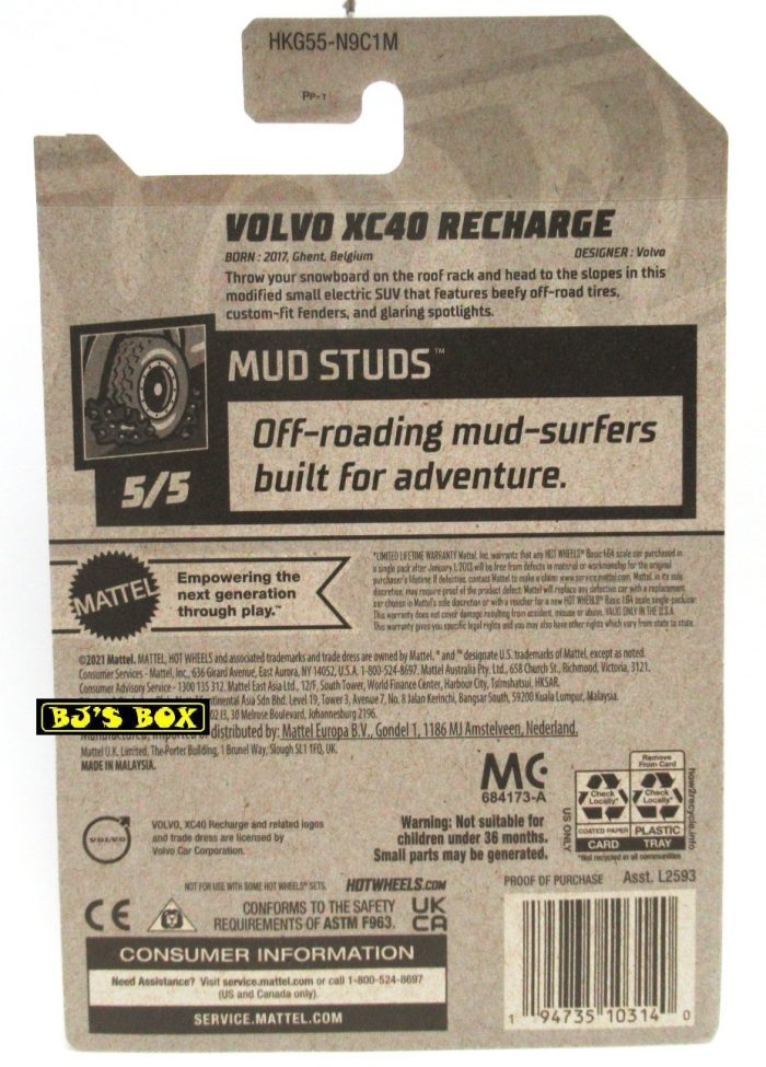2023 Hot Wheels VOLVO XC40 RECHARGE Green Electric SUV #201/250 Mud Studs 5/5 New - Image 3