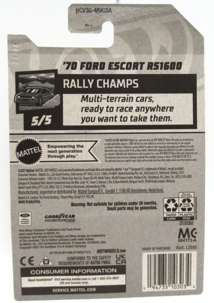 2022 Hot Wheels '70 FORD ESCORT RS1600 Blue British Rally Racer #244/250 Rally Champs #5/5 New - Image 3