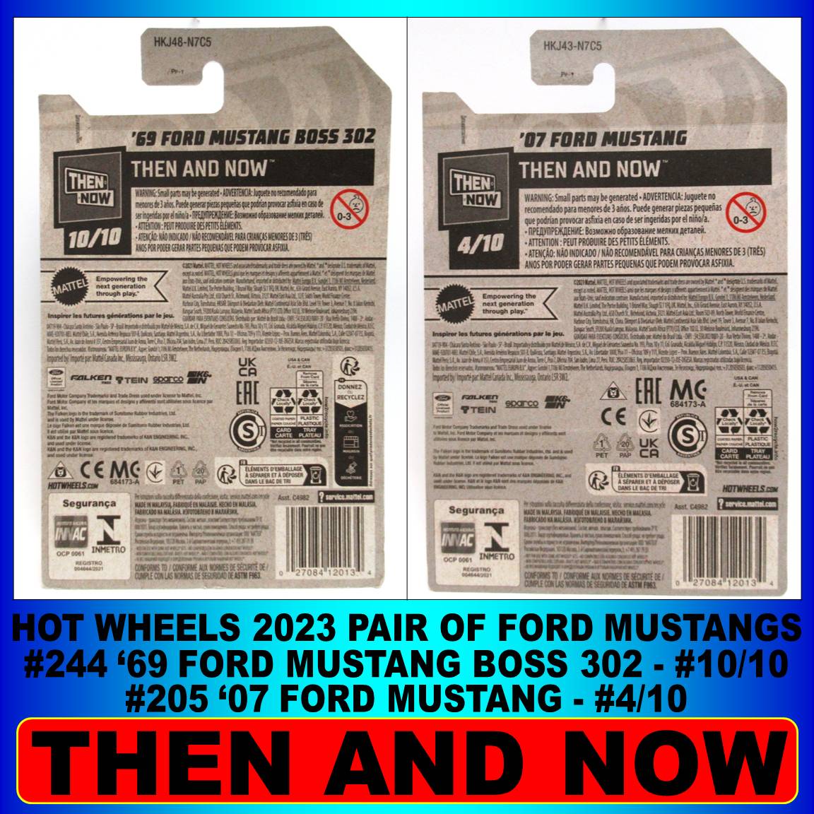 2023 Hot Wheels Then and Now Pair '07 FORD MUSTANG and ’69 FORD MUSTANG BOSS 302 Falken Racing Green Blue #205 #244 New - Image 2