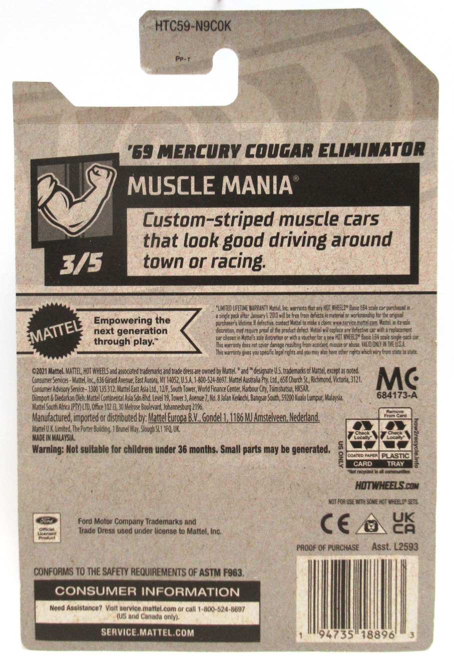 2024 Hot Wheels '69 MERCURY COUGAR ELIMINATOR Green Classic Ford #171 Muscle Mania 3/5 New - Image 2